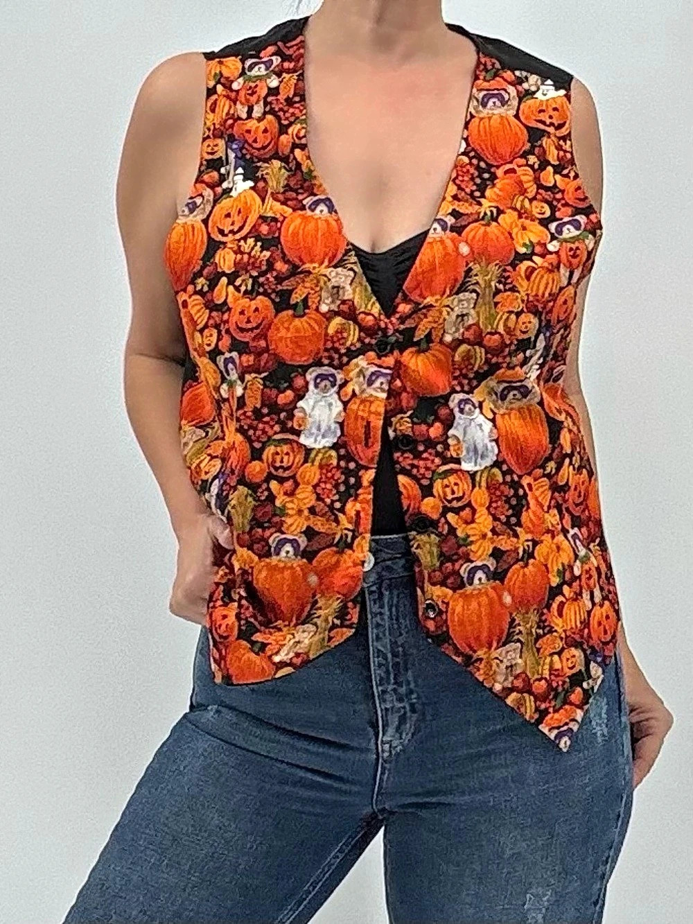 Vintage 90s Artsy Grannycore Halloween Thanksgiving Pumpkin Patch Vest Size 3X